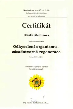 Certifikát Odkyselení organismu – zásadotvorná regenerace