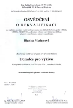 Osvědčení o rekvalifikaci Poradce pro výživu