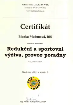 Certifikát Redukční a sportovní výživa, provoz poradny